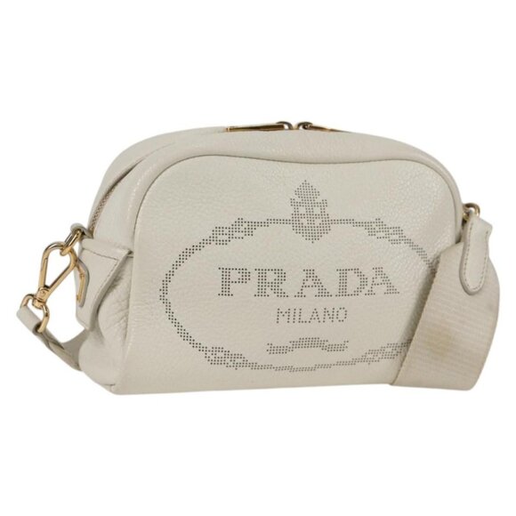 PRADA Shoulder Bag Leather White Gold Auth 134451V - Picture 1 of 16
